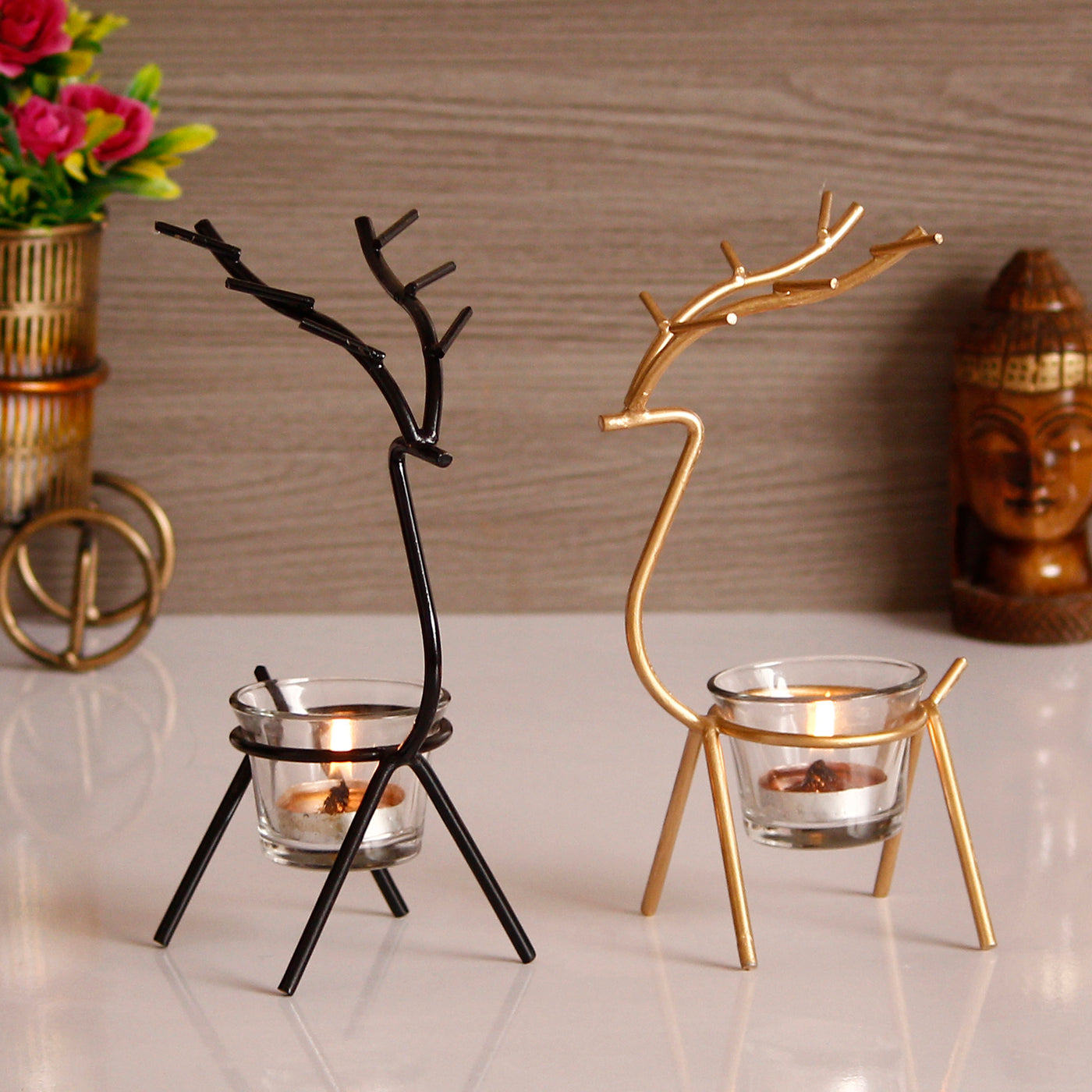 Aadhyatmik Set of 2 Deer Shape Decorative Handcrafted Metal Tea Light Holder