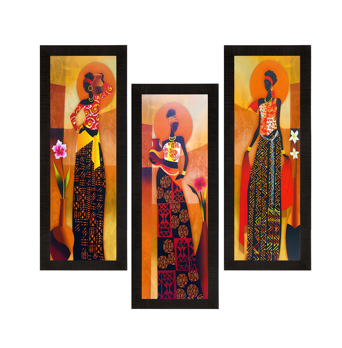 Aadhyatmik Set Of 3 Tribal Village Ladies Satin Matt Texture UV Art Painting