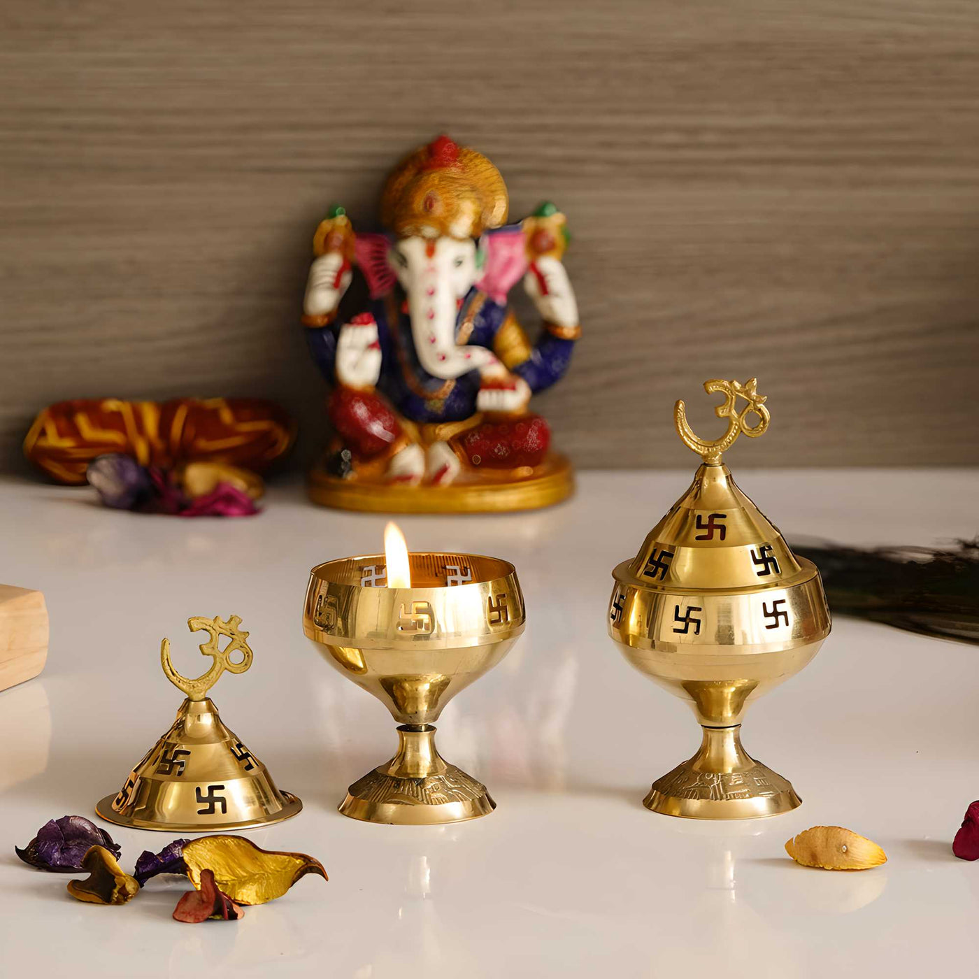 Aadhyatmik Set of 2 Om and Swastik Brass Diya