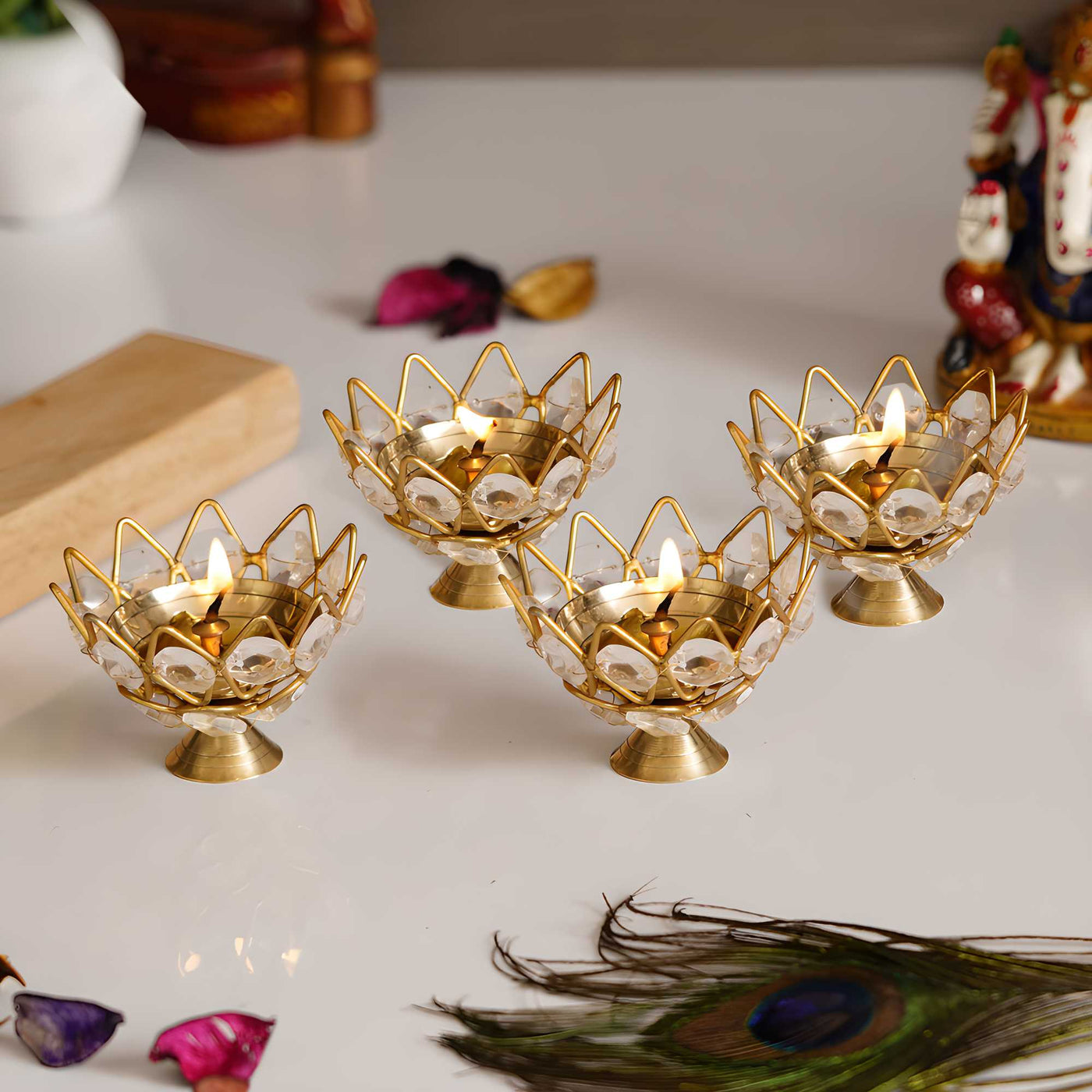 Aadhyatmik Set of 4 Lotus Shape Crystal Tea Light Holder