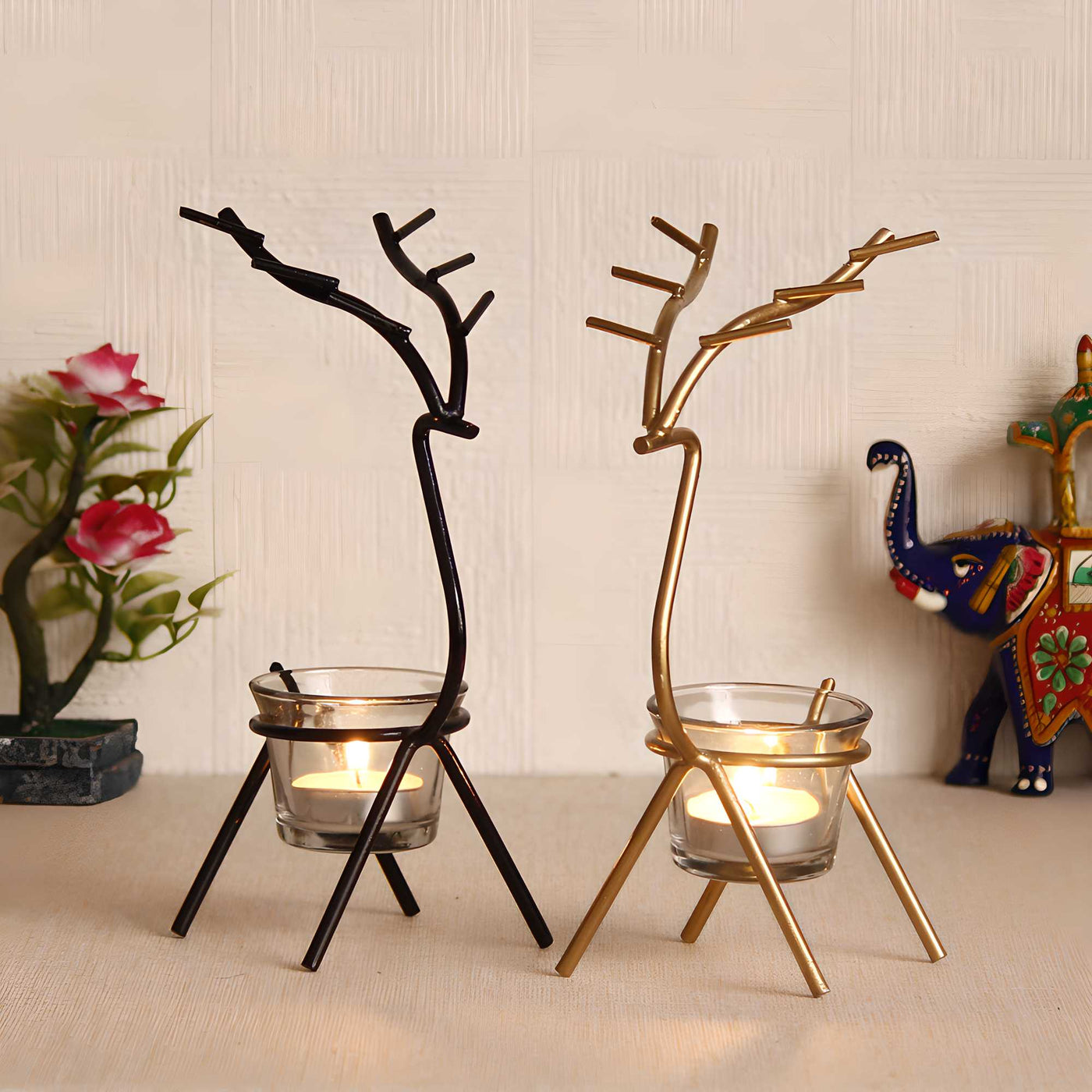 Aadhyatmik Set of 2 Deer Shape Decorative Handcrafted Metal Tea Light Holder