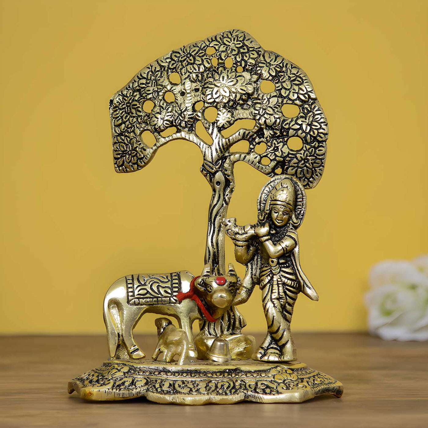 Aadhyatmik Lord Krishna playing Flute under Tree with Golden Cow and Calf Showpiece