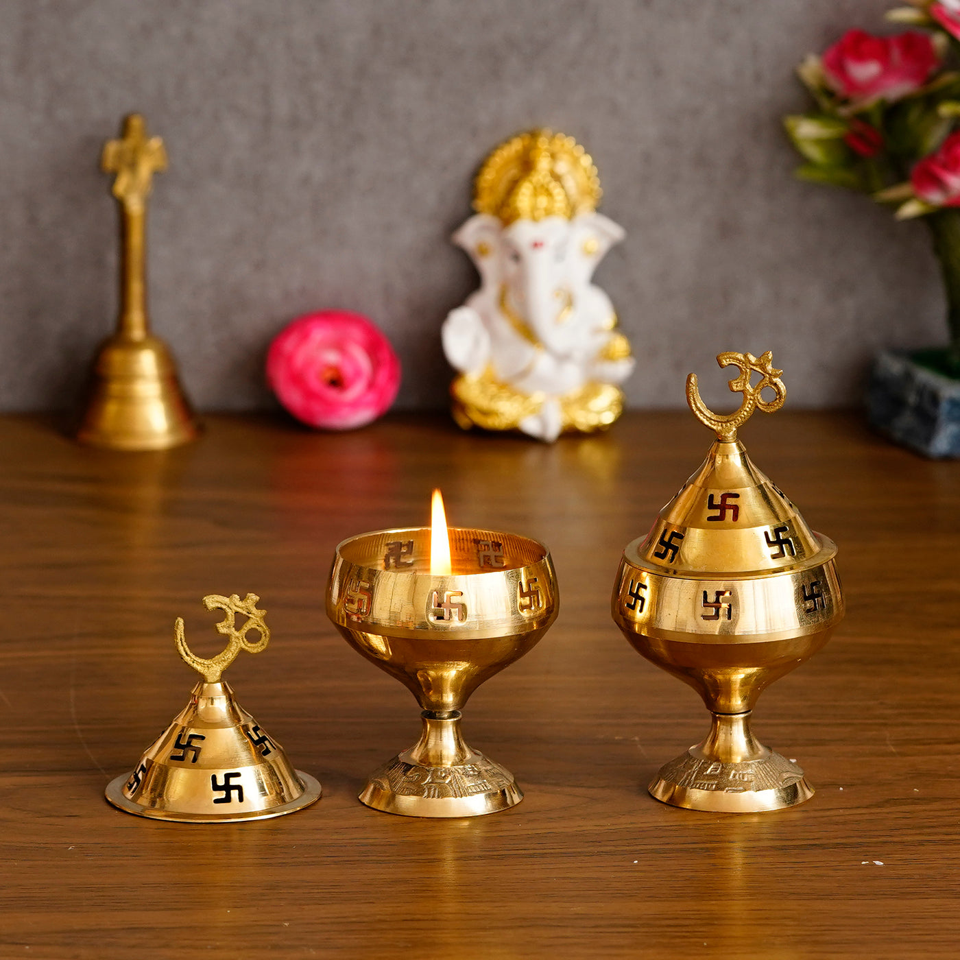 Aadhyatmik Set of 2 Om and Swastik Brass Diya