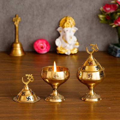 Aadhyatmik Set of 2 Om and Swastik Brass Diya