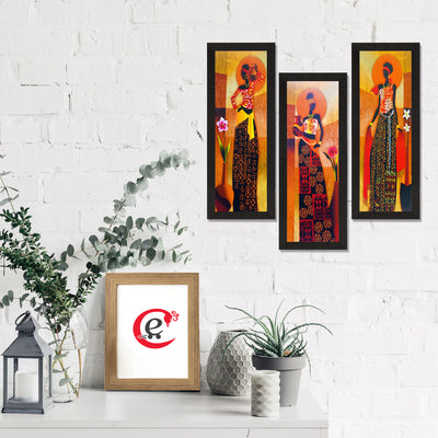 Aadhyatmik Set Of 3 Tribal Village Ladies Satin Matt Texture UV Art Painting