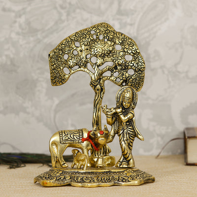 Aadhyatmik Lord Krishna playing Flute under Tree with Golden Cow and Calf Showpiece